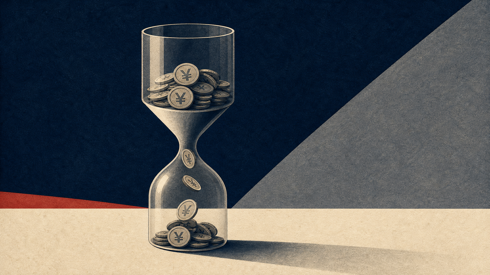 Illustration of yen coins draining through a funnel into an hourglass, symbolizing a small exchange-traded fund being wound down.
