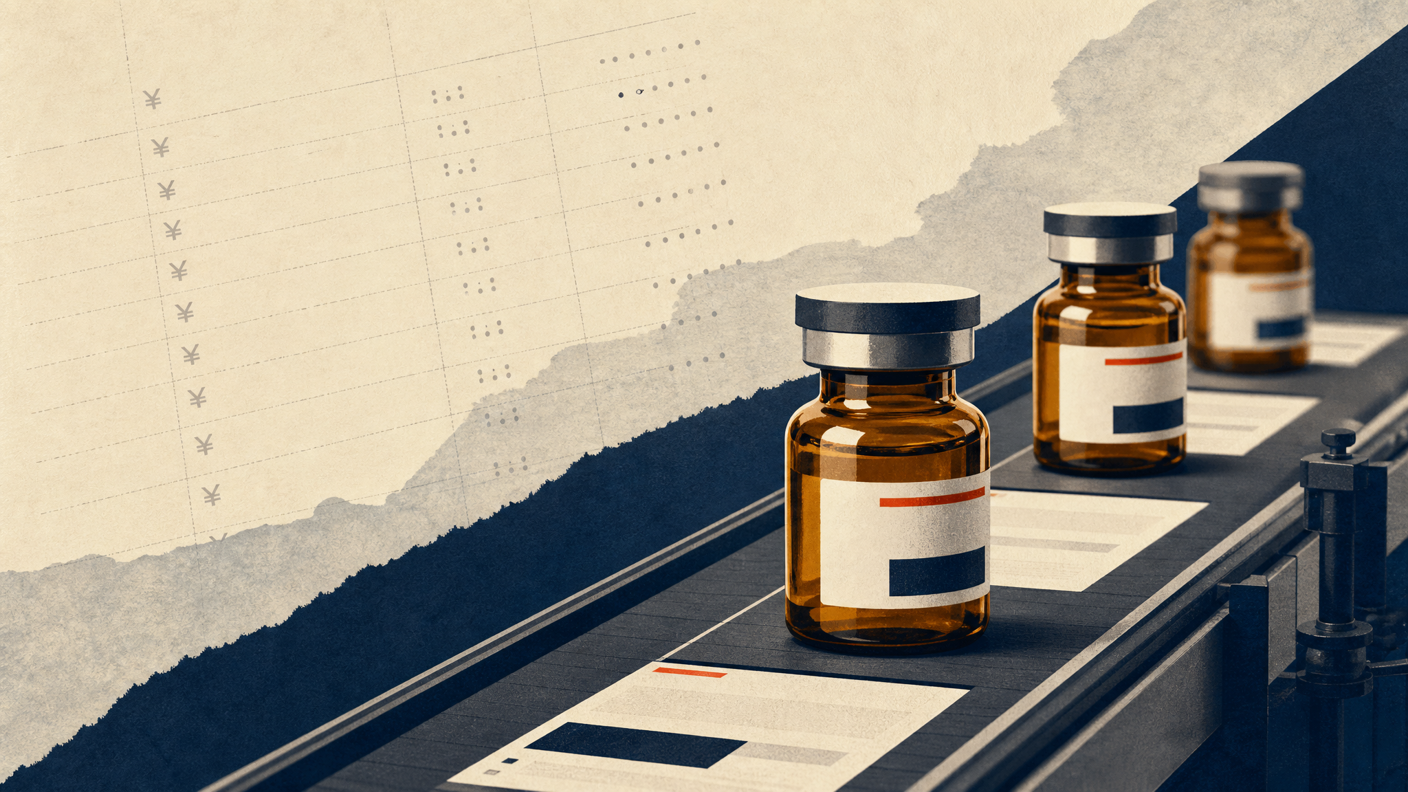 Amber pharmaceutical vials on a packaging line with shipping labels, evoking cross-border drug exports.