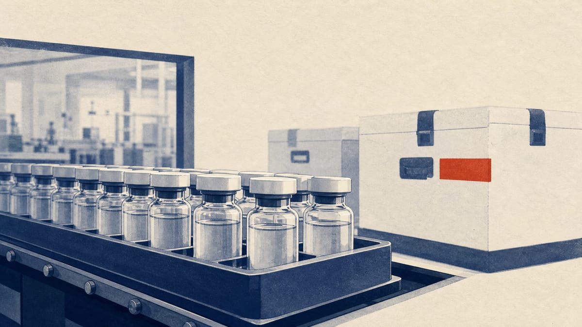 Vials of biologic medicine arranged in a refrigerated shipping tray on a pharmaceutical production line, prepared for export.