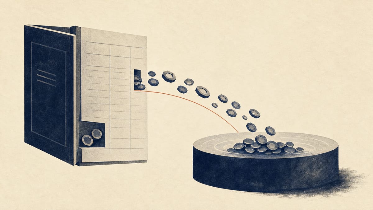 Abstract illustration of digital token icons flowing out of a stylized balance sheet ledger into a cash pool, representing a company selling off crypto holdings.