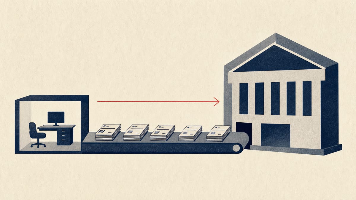 Abstract illustration of administrative paperwork moving from a small asset-management office into a larger trust-bank processing hub, symbolizing back-office consolidation.