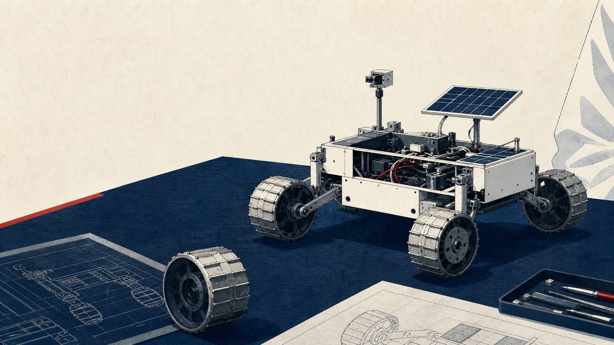Editorial illustration of a lunar rover chassis under assembly on a clean-room workbench with engineering schematics nearby.
