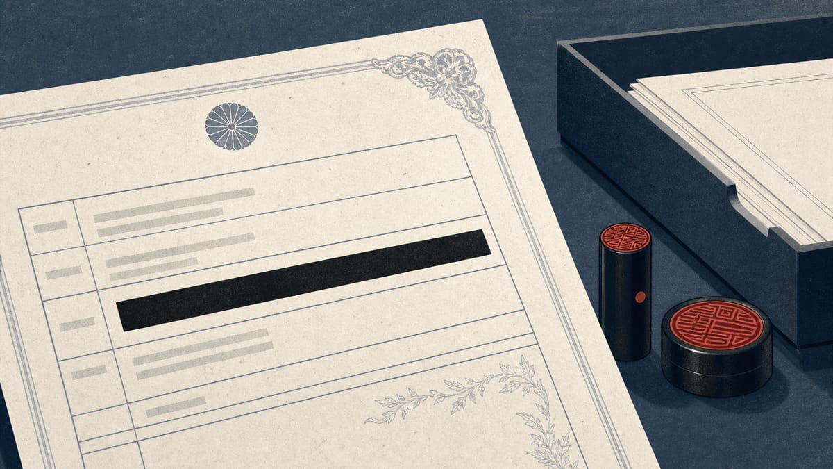 Illustration of a corporate registry certificate with an address line covered by a black redaction bar, next to office filing trays and seal stamps.