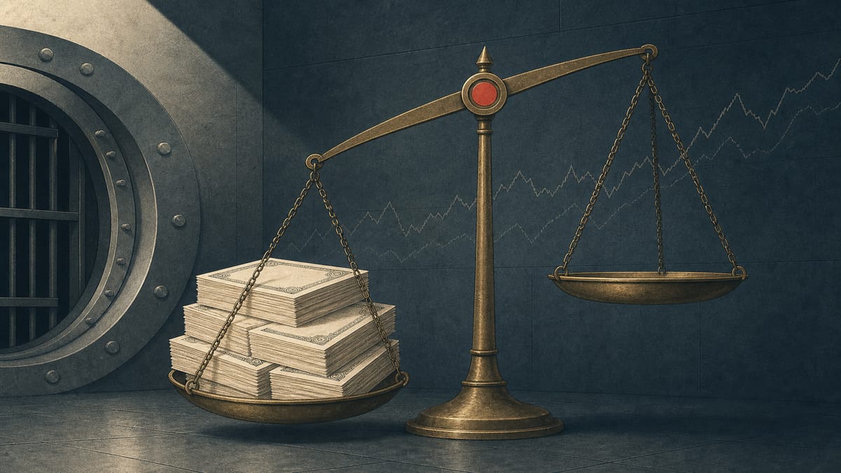 Illustration of a bank vault with a large balance scale tipped down by stacks of bond certificates, symbolizing an unrealized loss on a bond portfolio.