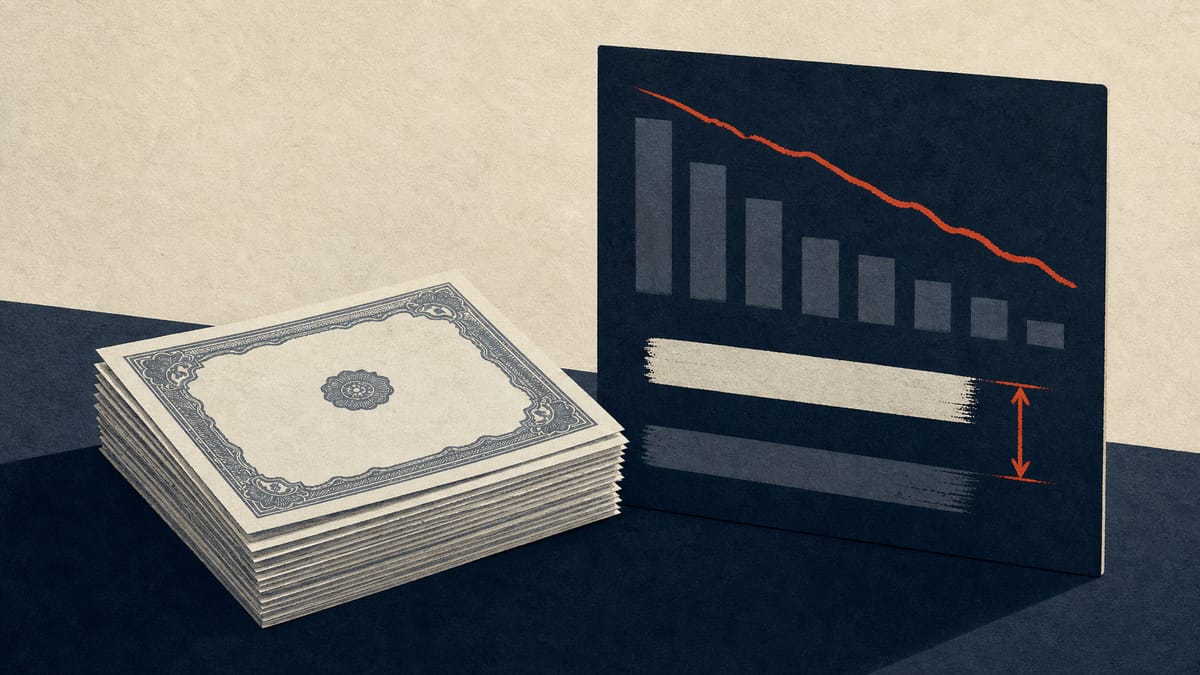 Illustration of stacked bond certificates next to a ledger board with declining bar shapes, symbolizing a gap between book value and market value.