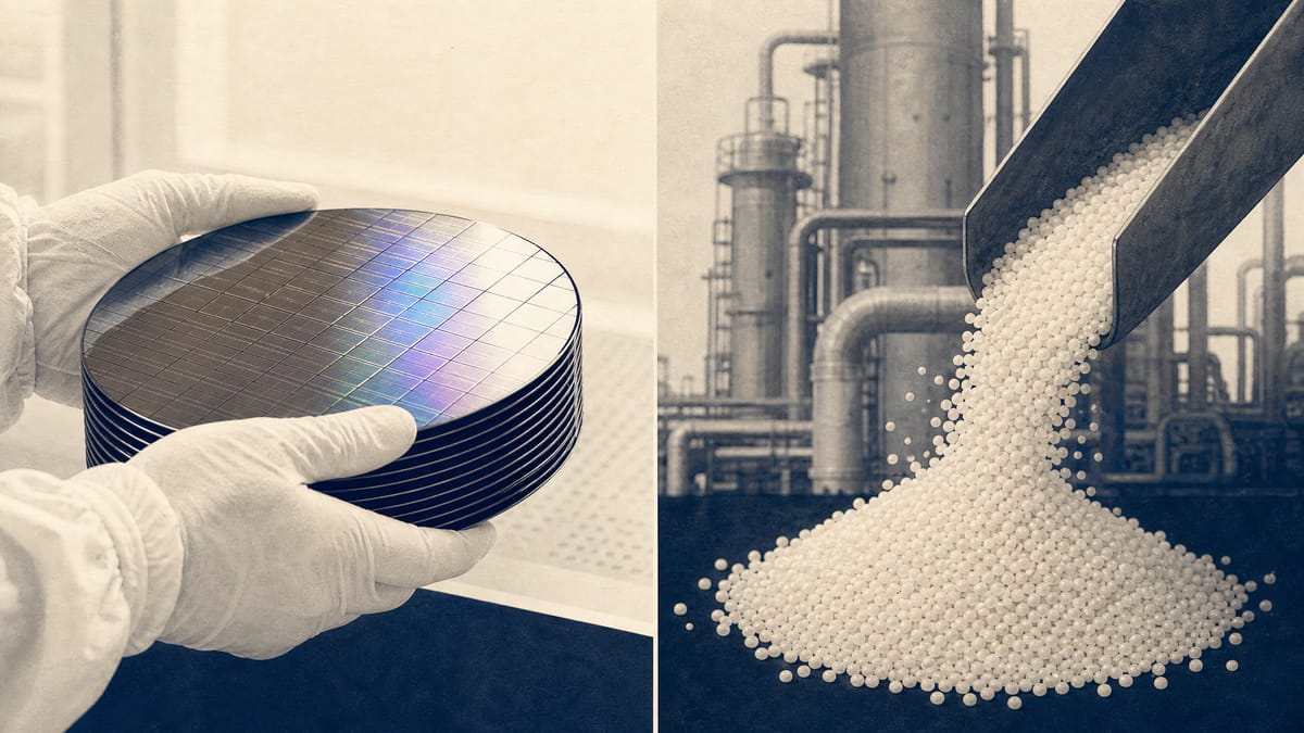 Split image contrasting a stack of silicon wafers in a clean room with PVC resin pellets in an industrial chemical plant, representing Shin-Etsu Chemical's diverging quarterly businesses.
