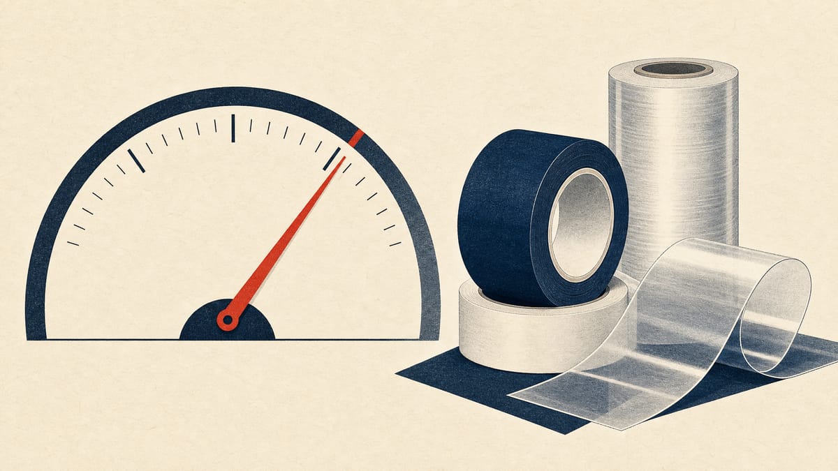 Illustration of an ownership-stake gauge needle crossing a threshold line beside rolls of industrial adhesive tape, symbolizing a takeover-defense trigger point.