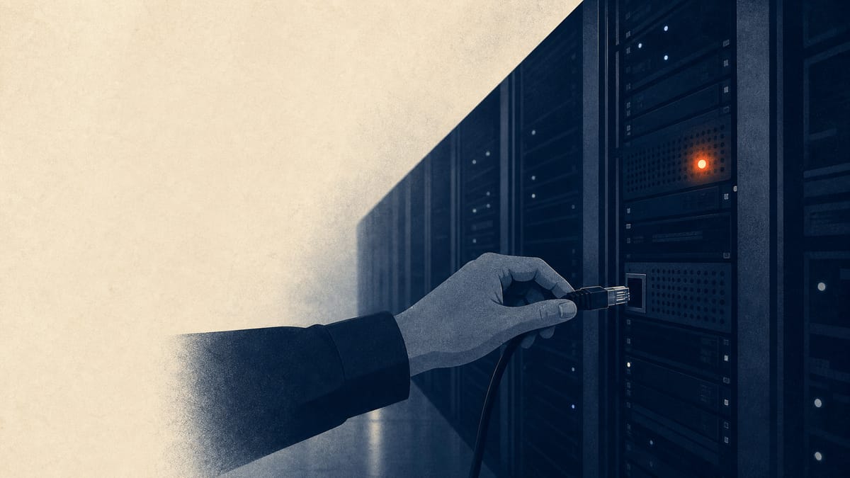 A darkened data center aisle with server racks and a technician unplugging a network cable, symbolizing a corporate ransomware breach.