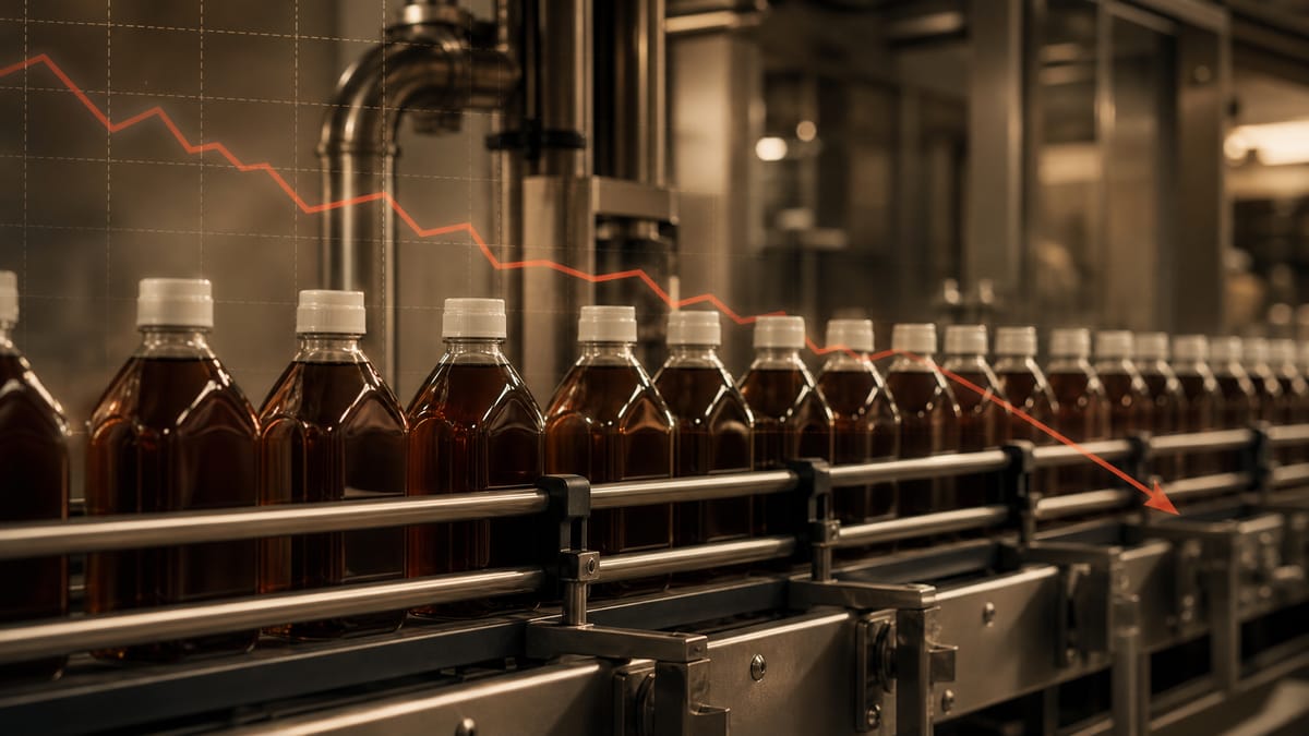 Editorial photo-style image of sauce bottles on a factory conveyor line with a subtle translucent downward-trending graph overlay suggesting a share buyback, no readable text.