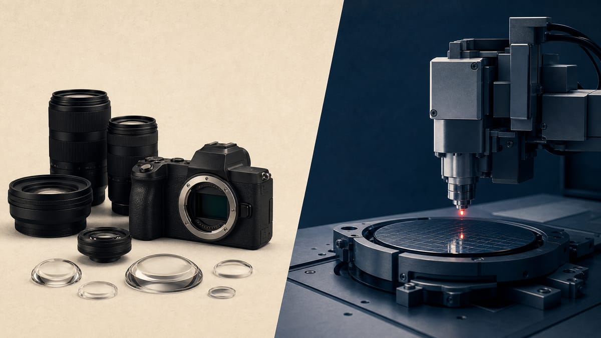 Split editorial photo contrasting camera lens components with semiconductor lithography equipment, representing Canon's imaging strength versus its weaker industrial equipment business.
