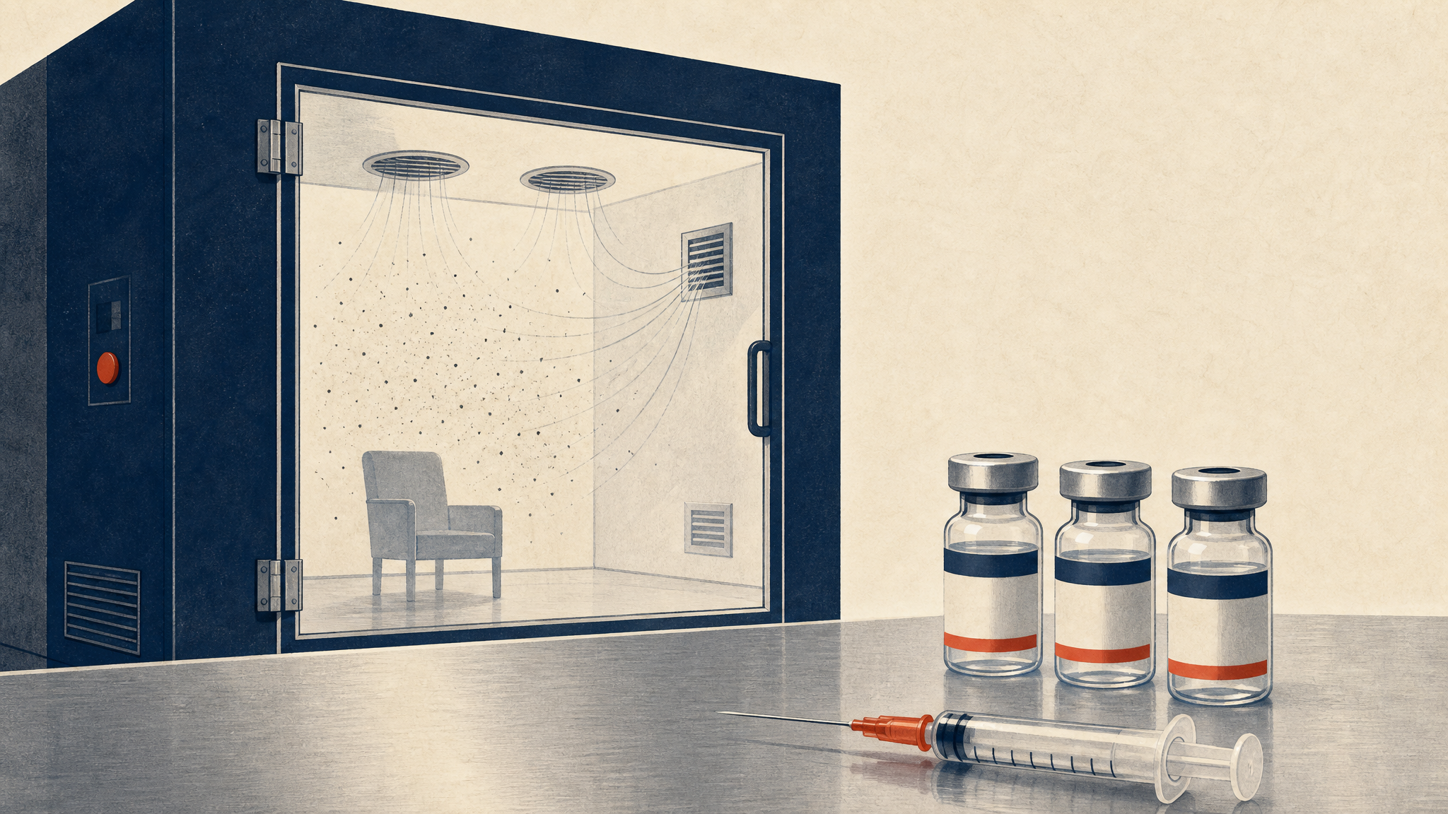 Illustration of a pollen exposure testing chamber beside vaccine vials on a clinical trial laboratory bench.