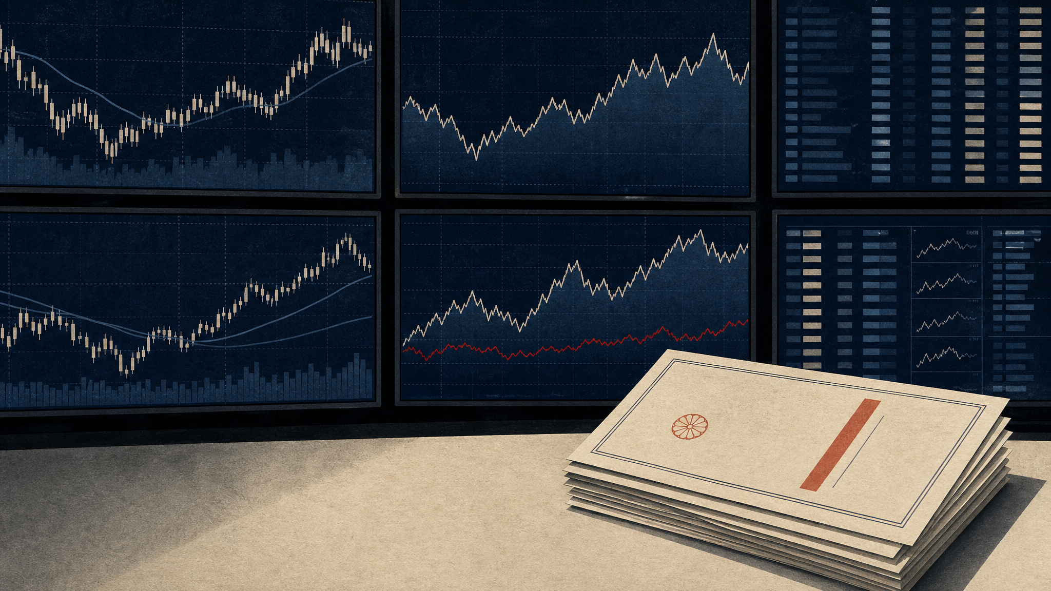 Editorial illustration of trading screens showing foreign-exchange and CFD price charts next to a stack of yen dividend notices, representing GMO Financial Holdings' earnings and dividend increase.