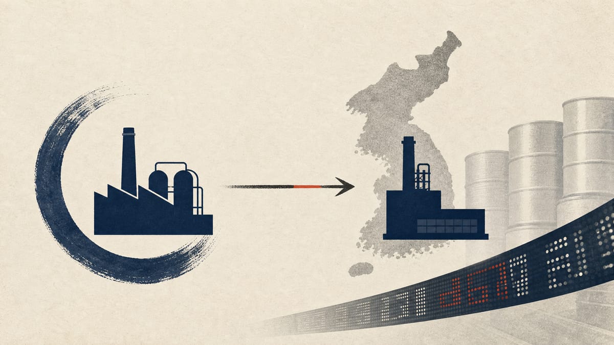 Illustration of an ownership arrow linking a Japanese chemical company to its South Korean subsidiary, with a stock exchange ticker tape and chemical drums in the background.