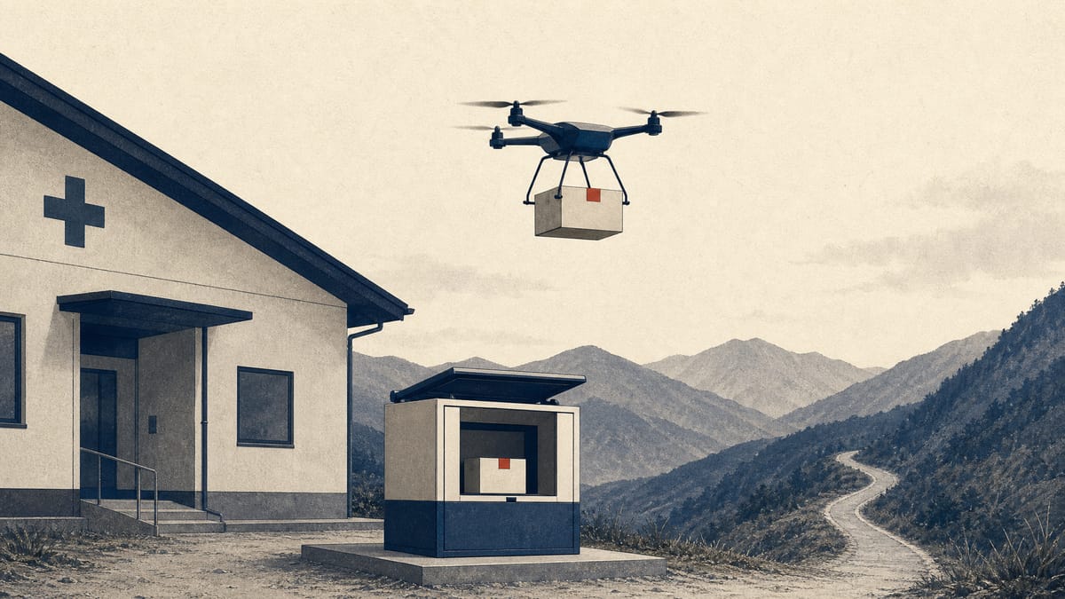 A drone carrying a sealed medicine parcel approaches a small depot structure beside a rural clinic in a mountain setting.