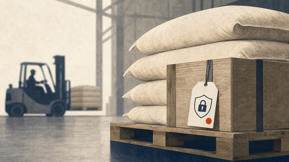 Warehouse stacked with fertilizer sacks on pallets, a compliance label on a shipping crate, and a forklift in soft focus in the background.