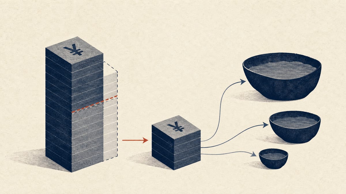 Abstract illustration of shrinking capital stacks and yen fund-flow arrows representing a lowered registration threshold for asset managers.