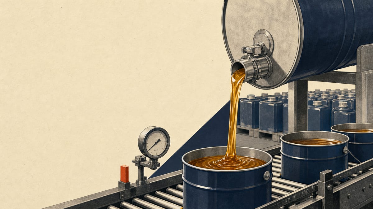 Illustration of an adhesive and chemicals production line with drums and dispensing equipment on a factory floor.