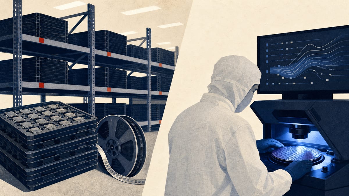 Editorial illustration of a semiconductor distribution warehouse with chip trays, component reels, and a technician inspecting wafer-testing equipment under diagnostic lighting.