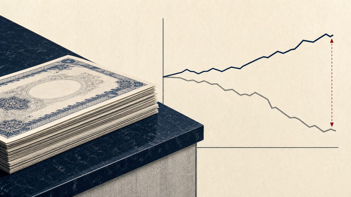 Stacked bond certificates on a bank counter next to a simple chart showing diverging value lines, representing a bank's unrealized bond losses
