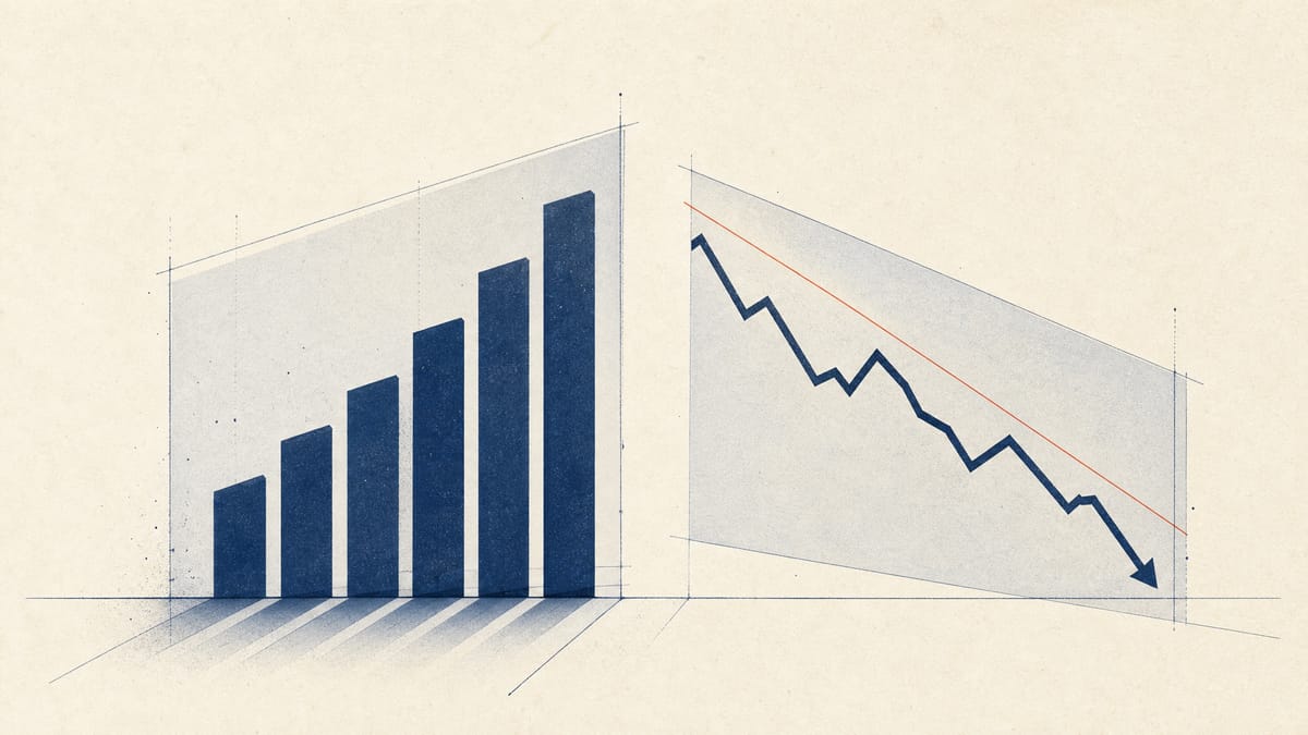 Abstract graphic contrasting a rising bar chart representing corporate returns with a falling line chart representing market valuation, in muted blue tones with a small vermillion accent.