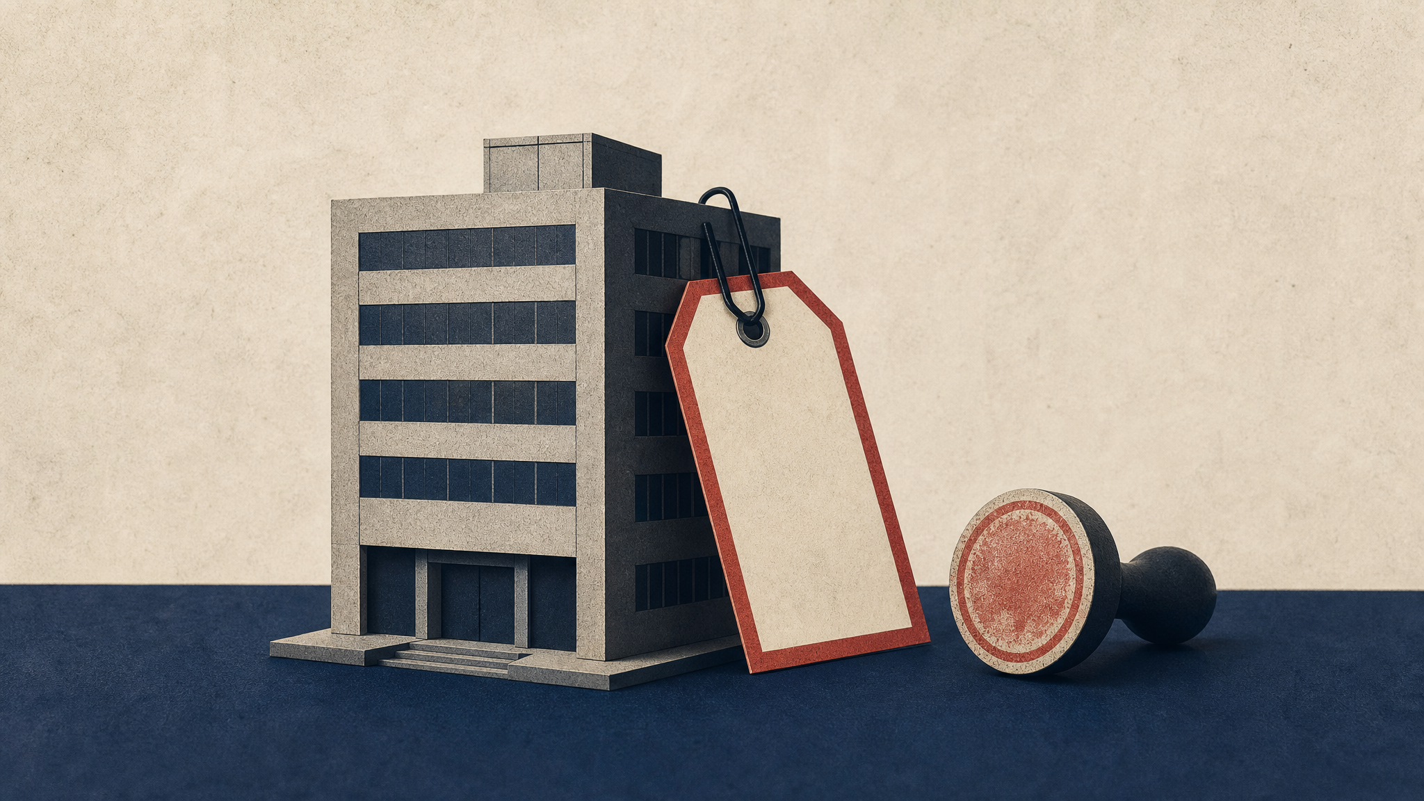 Illustration of a warning tag and an audit stamp placed beside a model office building, symbolizing a stock exchange penalty notice tied to an accounting dispute.