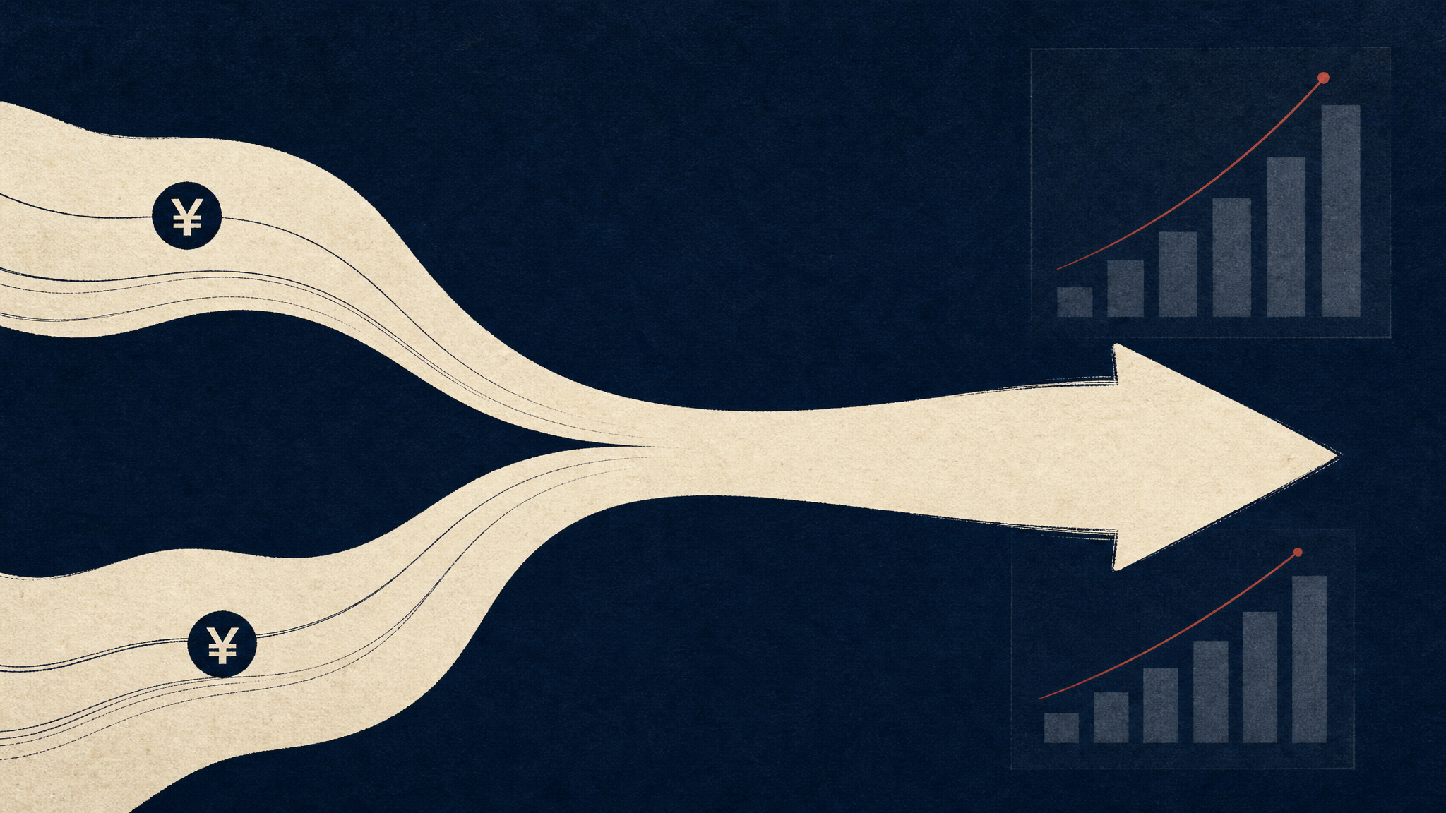 Abstract illustration of multiple financial data streams merging into a single larger flow, symbolizing consolidated asset-management results.