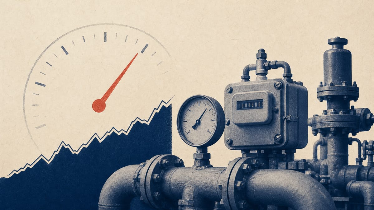 Editorial illustration of gas distribution pipes and pressure gauges with a subtle rising fuel-cost gauge motif.