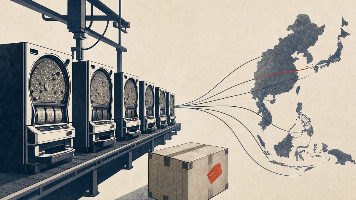 Editorial illustration of a pachinko and pachislot machine production line with abstract licensing flow lines suggesting international content distribution.