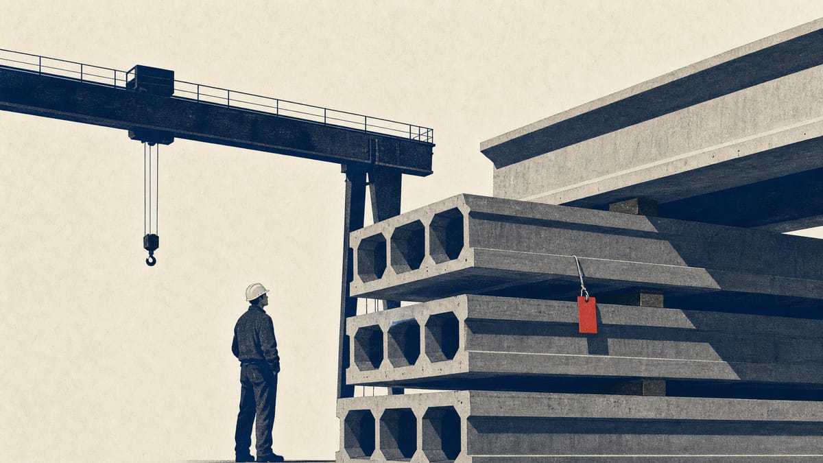 Precast concrete bridge girders stacked in an industrial yard beneath an overhead crane, representing a bridge-and-concrete manufacturing group.