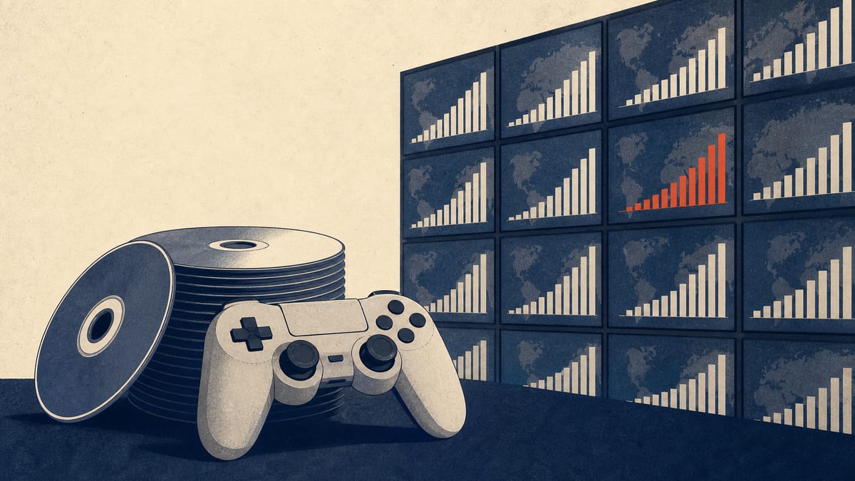 Illustration of stacked game discs and a controller beside monitors displaying abstract upward bar charts, symbolizing rising global game software sales.