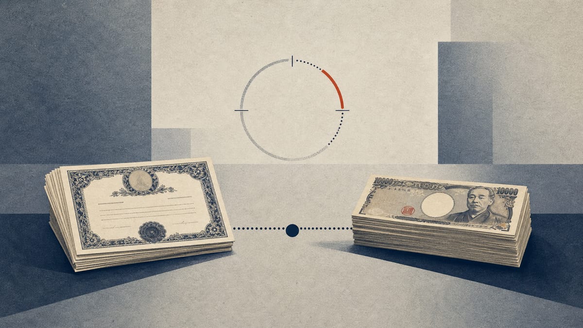 Illustration of stock certificates balanced against a stack of yen banknotes beneath a percentage gauge, symbolizing a cash-for-shares substitution rule tied to an ownership threshold.