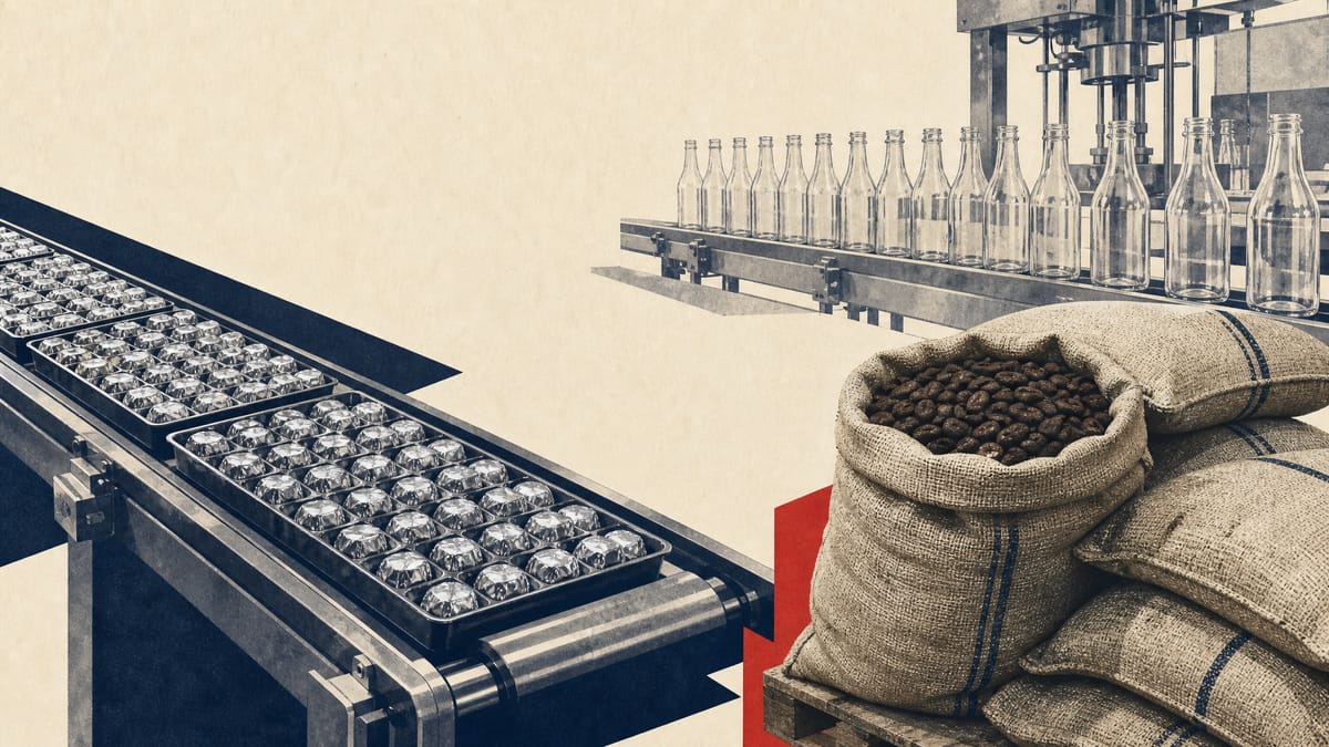 Illustration of a confectionery factory with chocolate candy conveyors, sacks of cacao beans, and a bottled-water filling line in the background.
