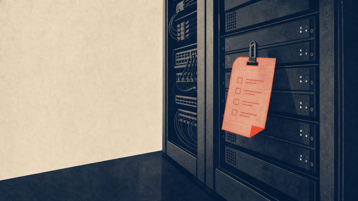 Illustration of industrial server and network equipment racks with an inspection tag being attached to one unit, symbolizing government screening of infrastructure equipment suppliers.