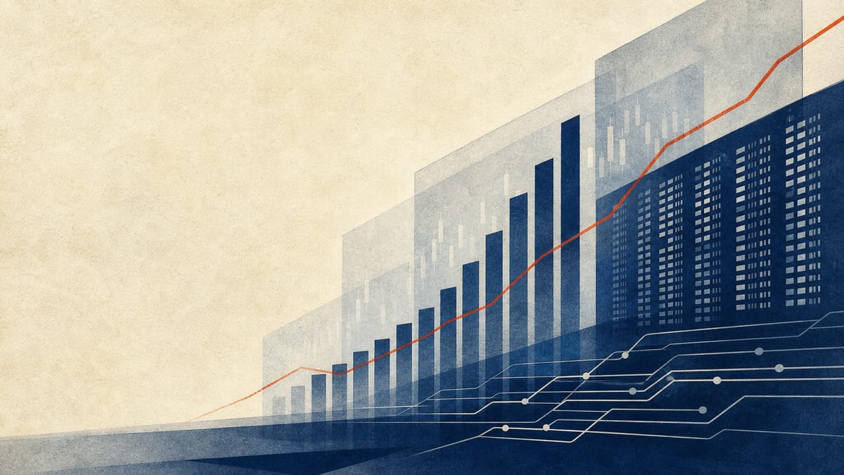Abstract illustration of rising trading-volume charts and financial data flows representing a stock exchange operator's earnings update.
