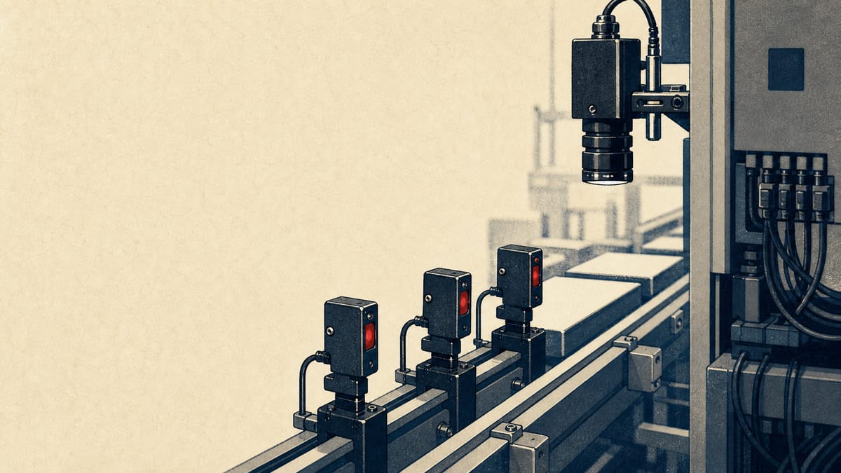 Close-up of industrial sensor heads and a machine-vision camera mounted along a factory conveyor line, with a control cabinet in the background.