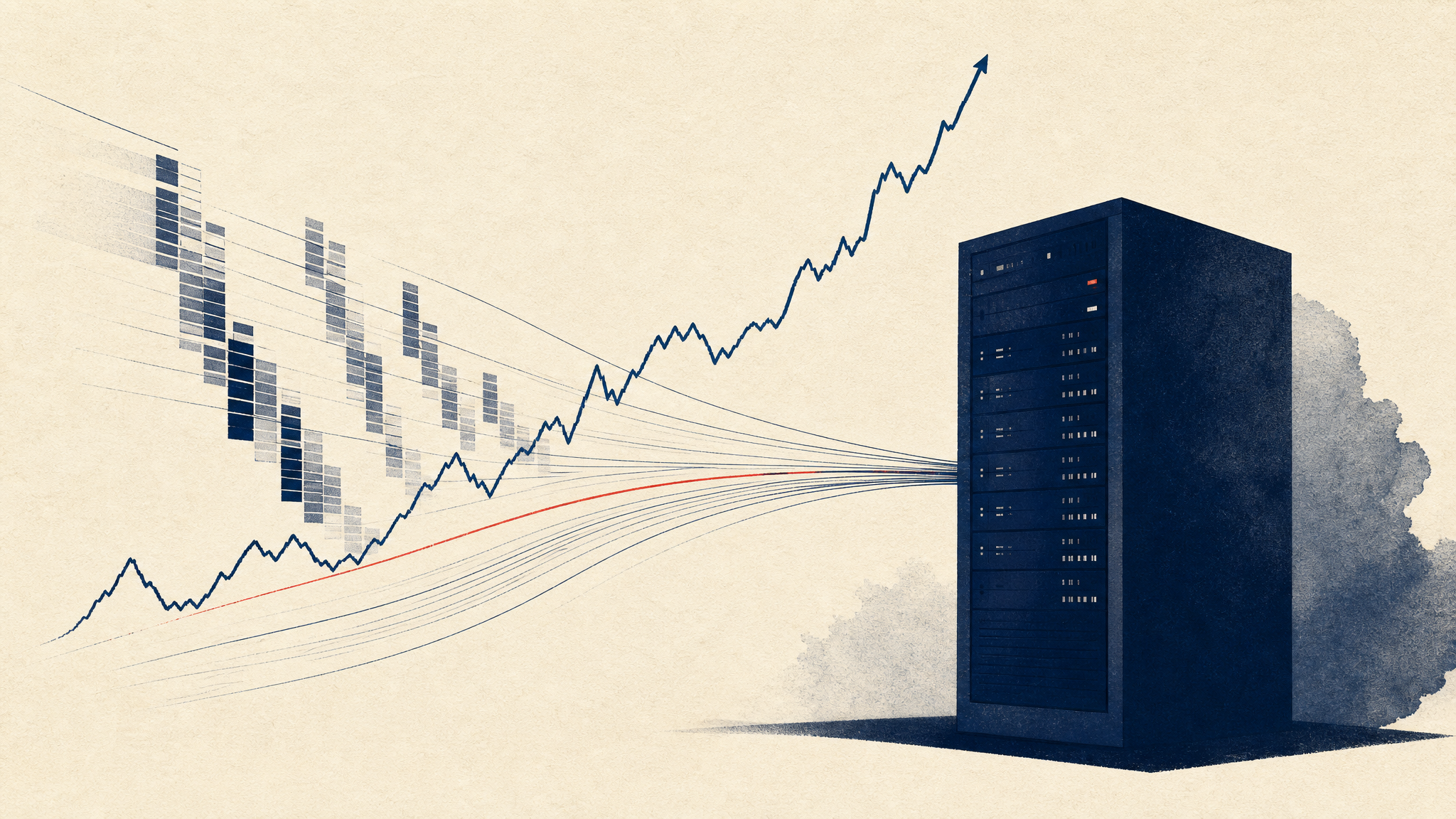 Abstract illustration of stock order-book data flowing into a brokerage server, representing a securities firm's surge in trading volume.