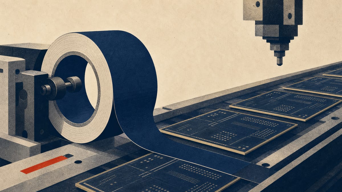 Rolls of industrial adhesive tape and thin circuit-board substrates on a manufacturing line used to produce electronic materials.