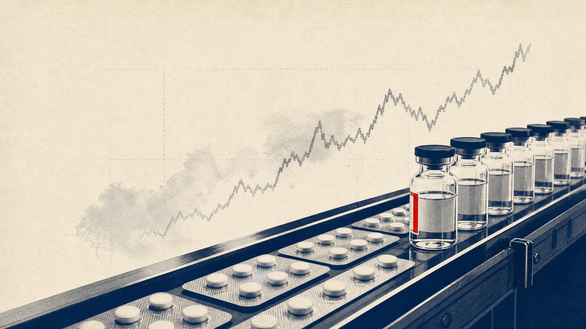 Illustration of a pharmaceutical packaging line with blister packs and vials, with a faint yen exchange-rate graph in the background.