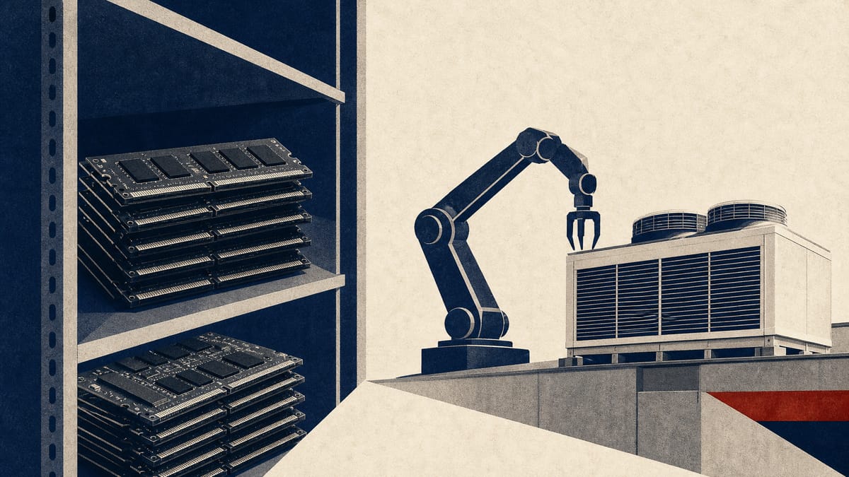 Illustration of memory chip modules, a factory automation robotic arm, and a rooftop cooling unit representing the demand drivers behind Ryoden's revised earnings forecast.