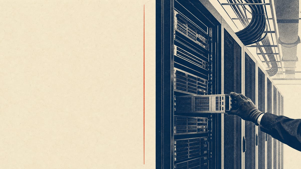 Rows of GPU server racks with overhead network cabling in a data center aisle, representing a large-scale AI compute buildout.