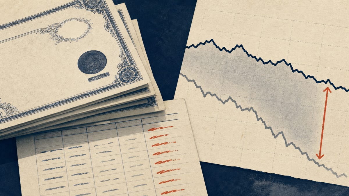 Editorial illustration of bond certificates and a ledger showing a markdown gap between book value and market value, symbolizing unrealized losses on held-to-maturity securities.