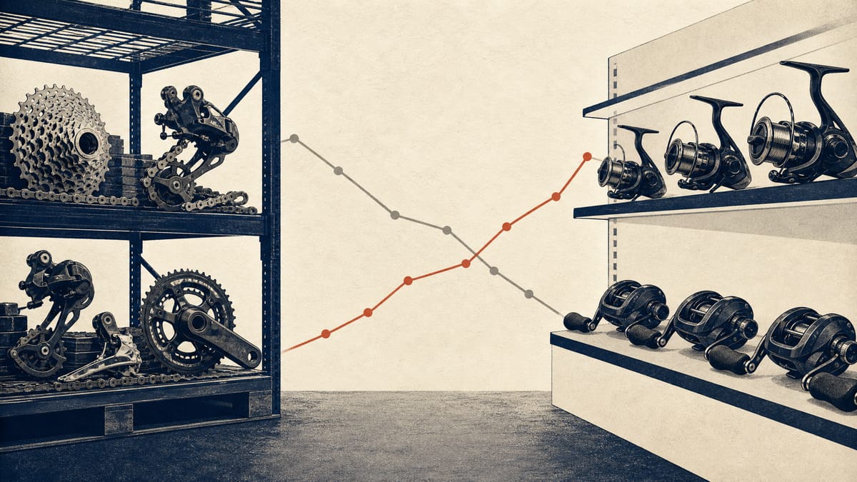 Illustration contrasting stacked bicycle drivetrain parts in a warehouse with fishing reels on retail shelving, with faint data lines linking the two, representing Shimano's uneven first-half segment results.