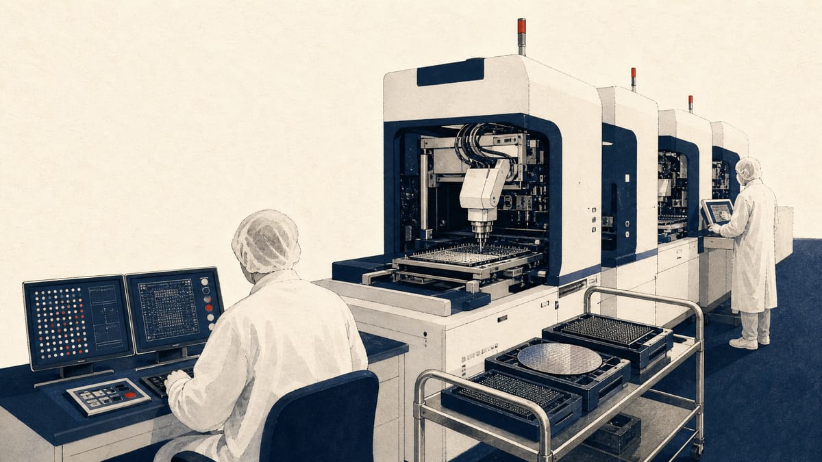 An industrial semiconductor testing floor with automated chip test handler machines, robotic arms, and technicians monitoring diagnostic screens.