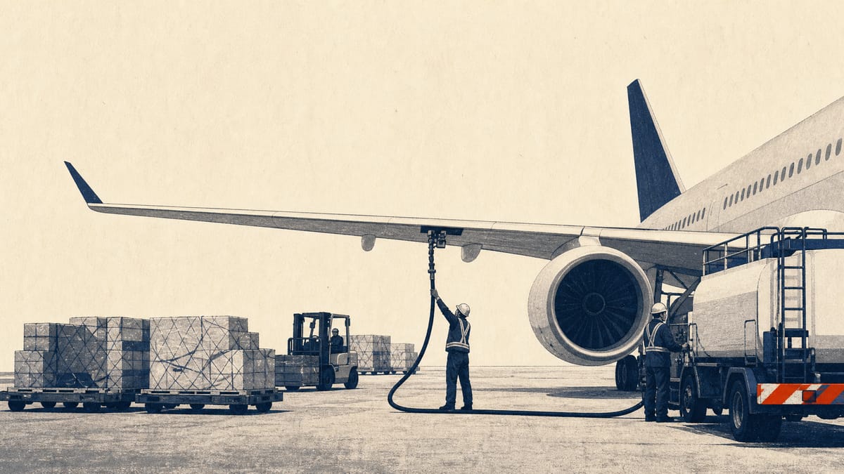 Ground crew refueling a passenger jet on the tarmac while cargo containers are loaded nearby, illustrating an airline balancing fuel costs against cargo and passenger demand