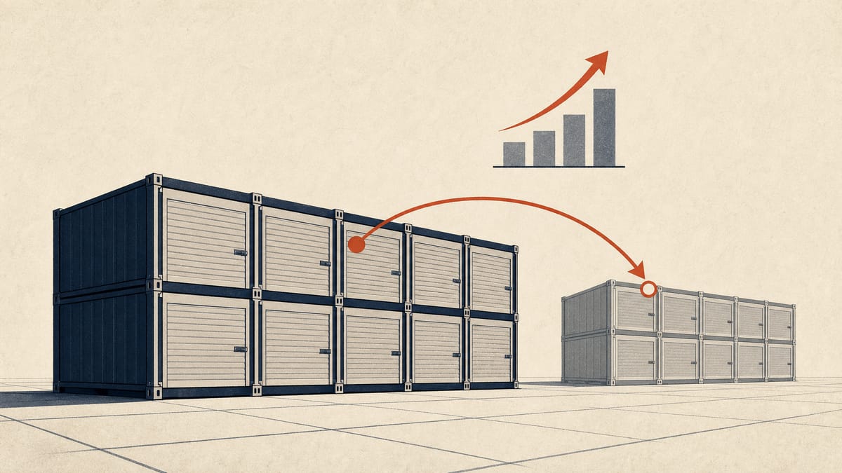 Illustration of self-storage container units arranged in a grid with an abstract chart and an ownership-transfer arrow between two blocks, symbolizing a storage-company acquisition.