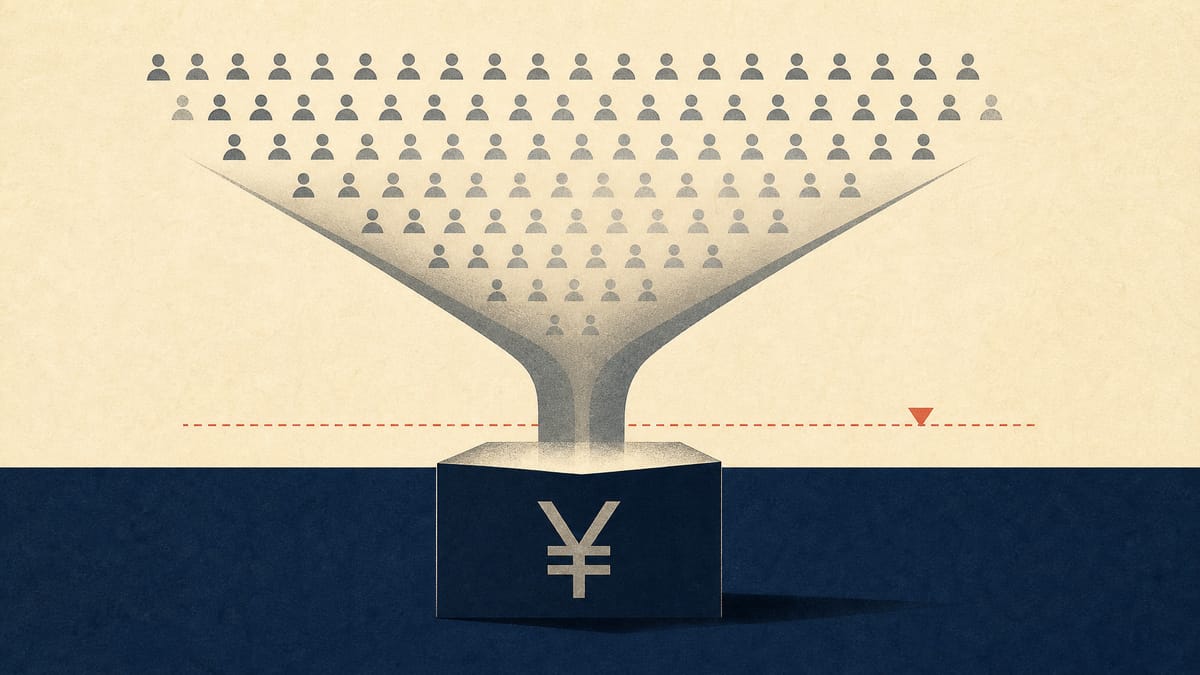 Illustration of numerous small shareholding icons converging into a single large ownership block, representing a going-private tender offer for a Tokyo-listed company.