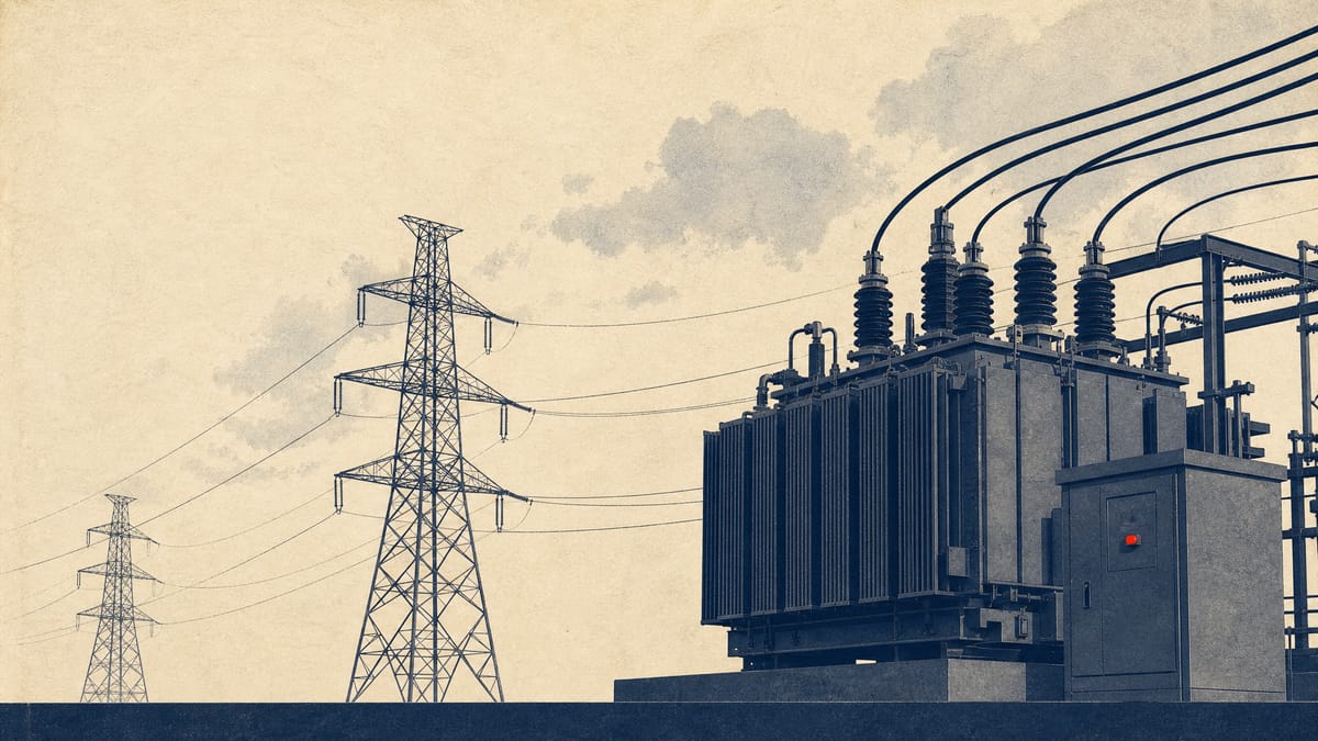Editorial photograph of high-voltage transmission towers and a substation transformer yard representing Hitachi's power-grid equipment business.