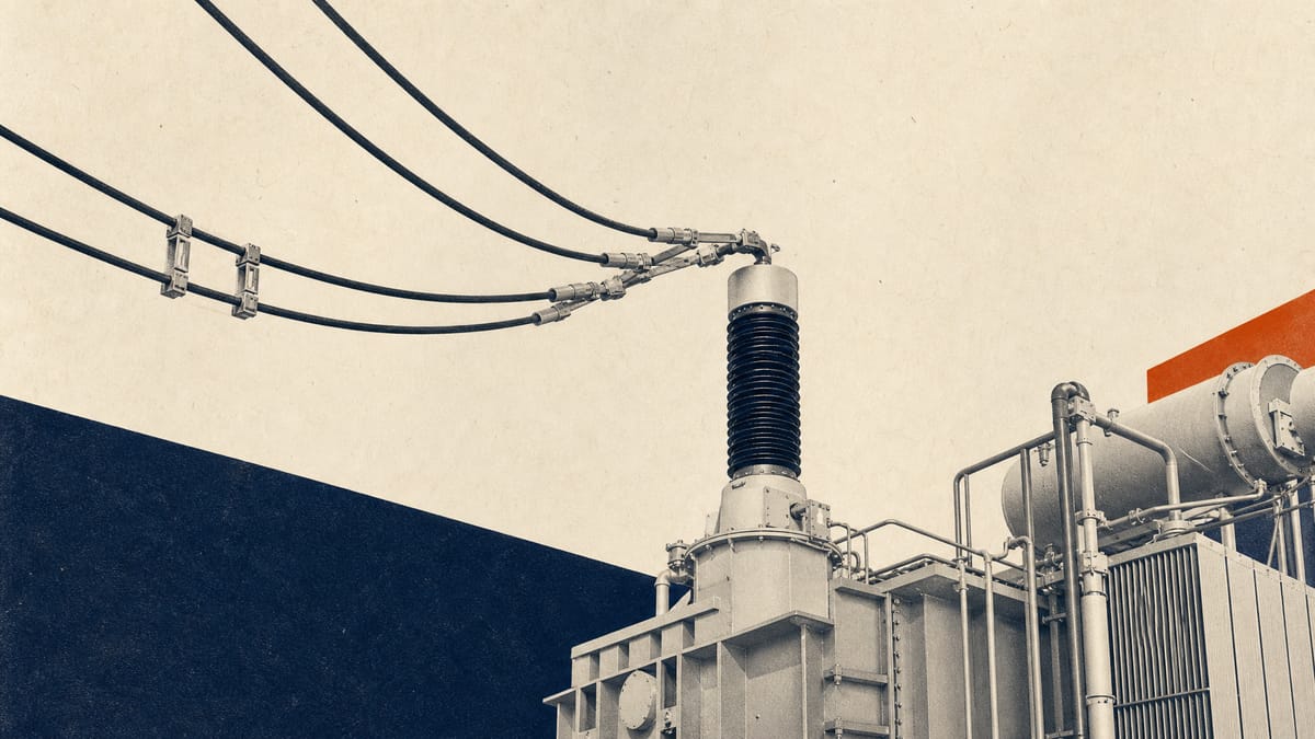 Industrial photograph of high-voltage transformer and switchgear equipment at a power grid substation, representing Hitachi's energy infrastructure business.