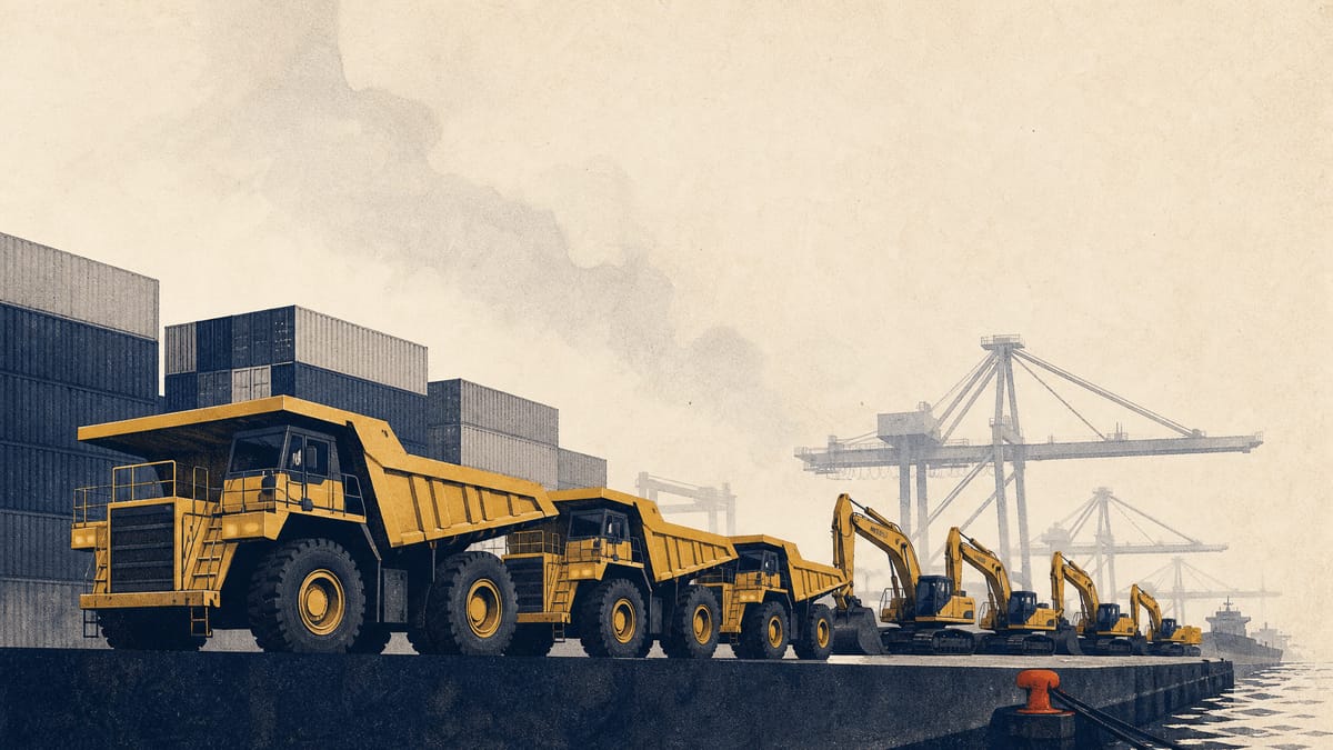 Rows of yellow mining dump trucks and excavators lined up on a dockside for export, with cargo cranes in the background.