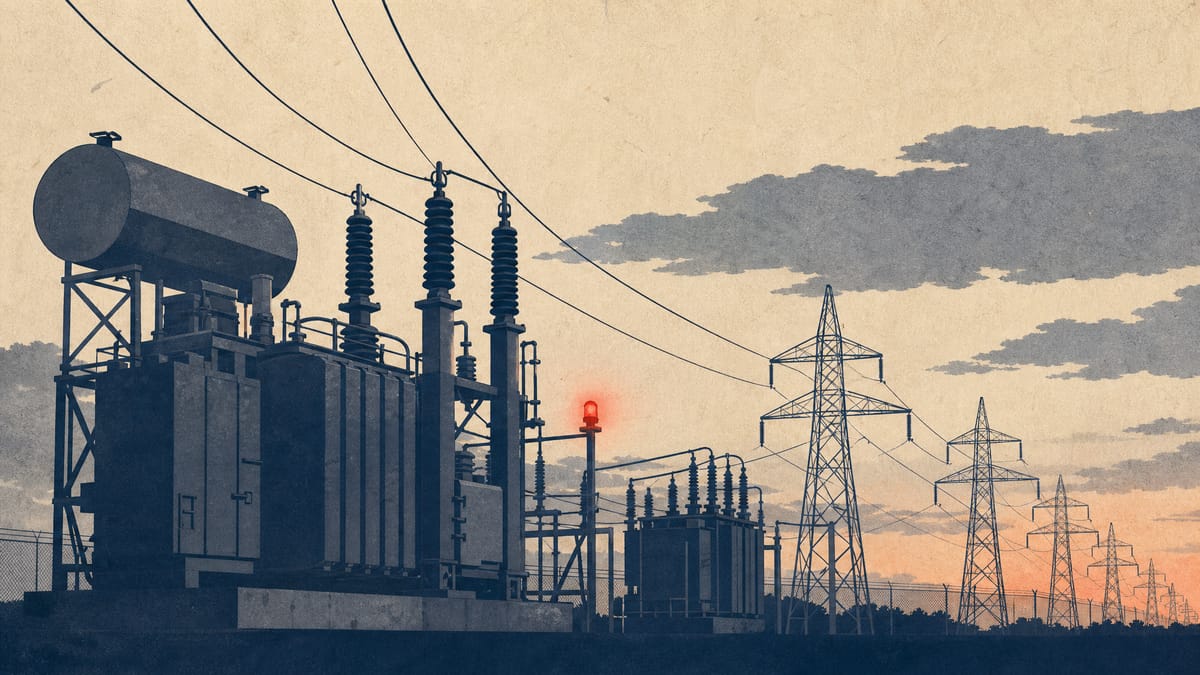 Wide shot of an electrical substation with transformers and transmission towers under an overcast sky, evoking rising fuel and grid costs.